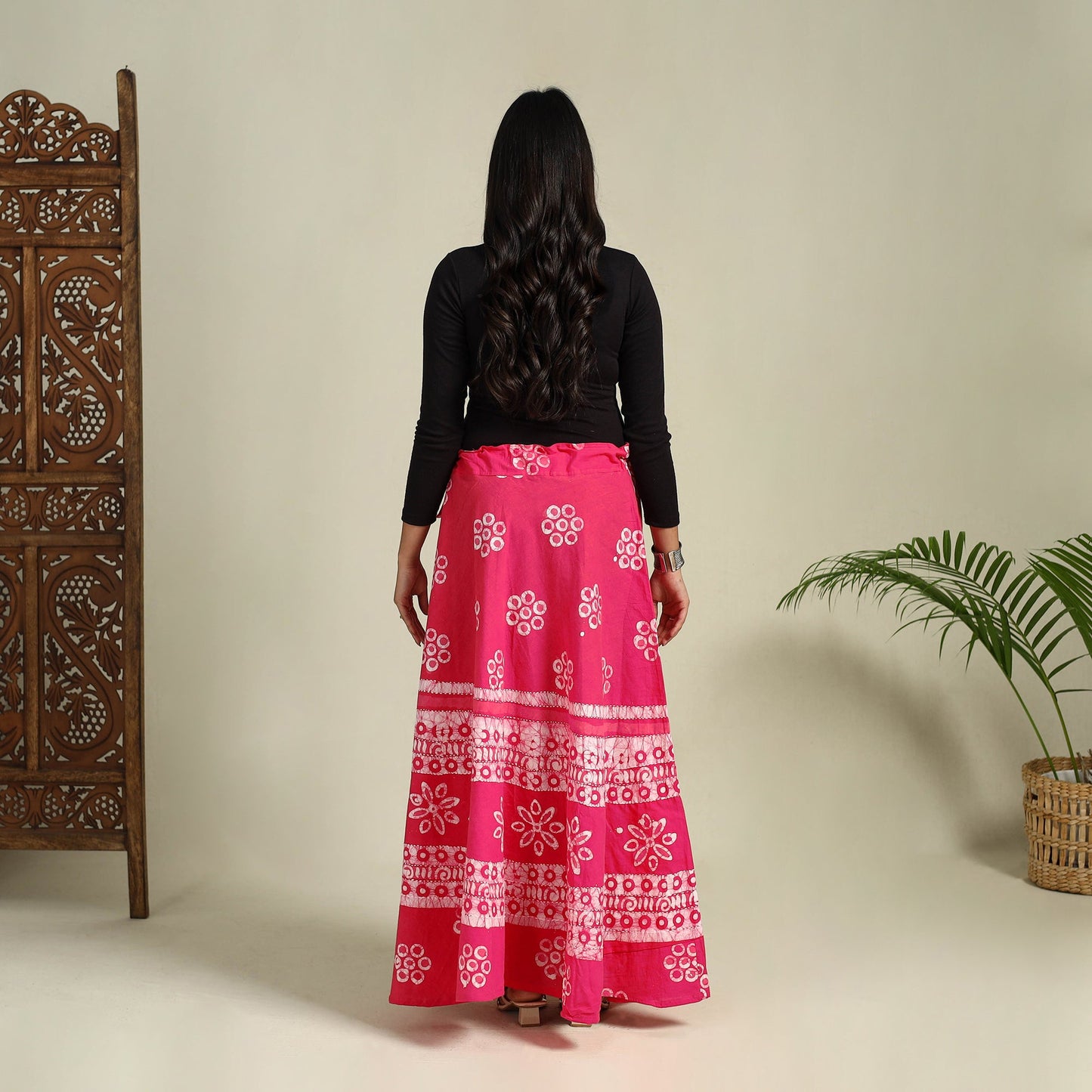 Pink - hand batik running stitch cotton long skirt 02