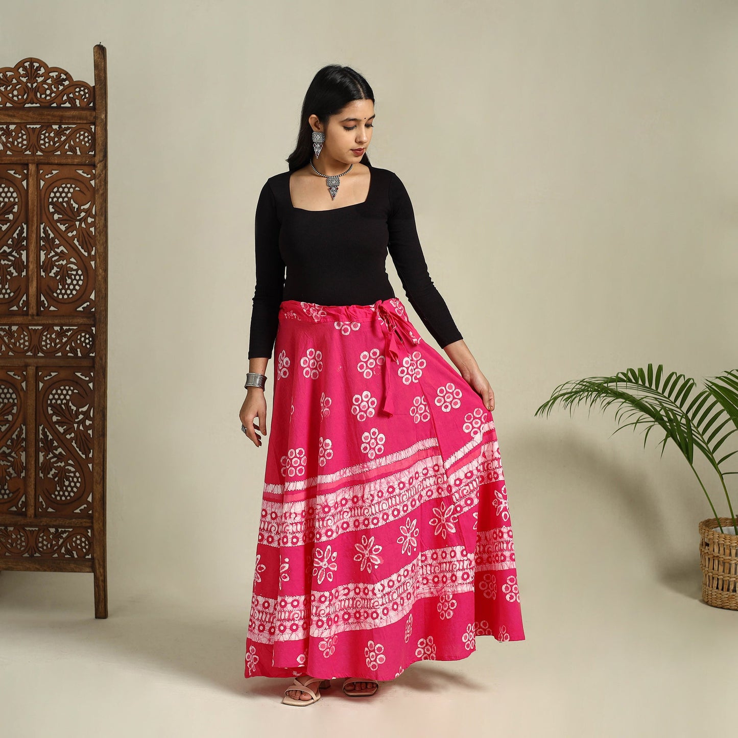 Pink - hand batik running stitch cotton long skirt 02