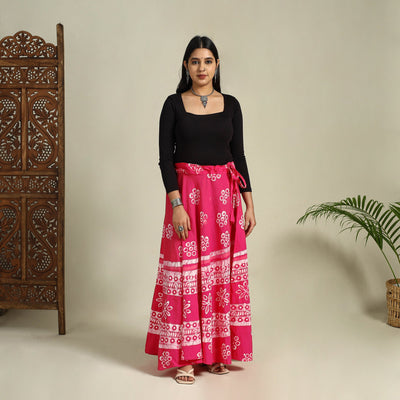 Pink - hand batik running stitch cotton long skirt 02