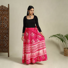 Pink Hand Batik Print Running Stitch Cotton Long Skirt