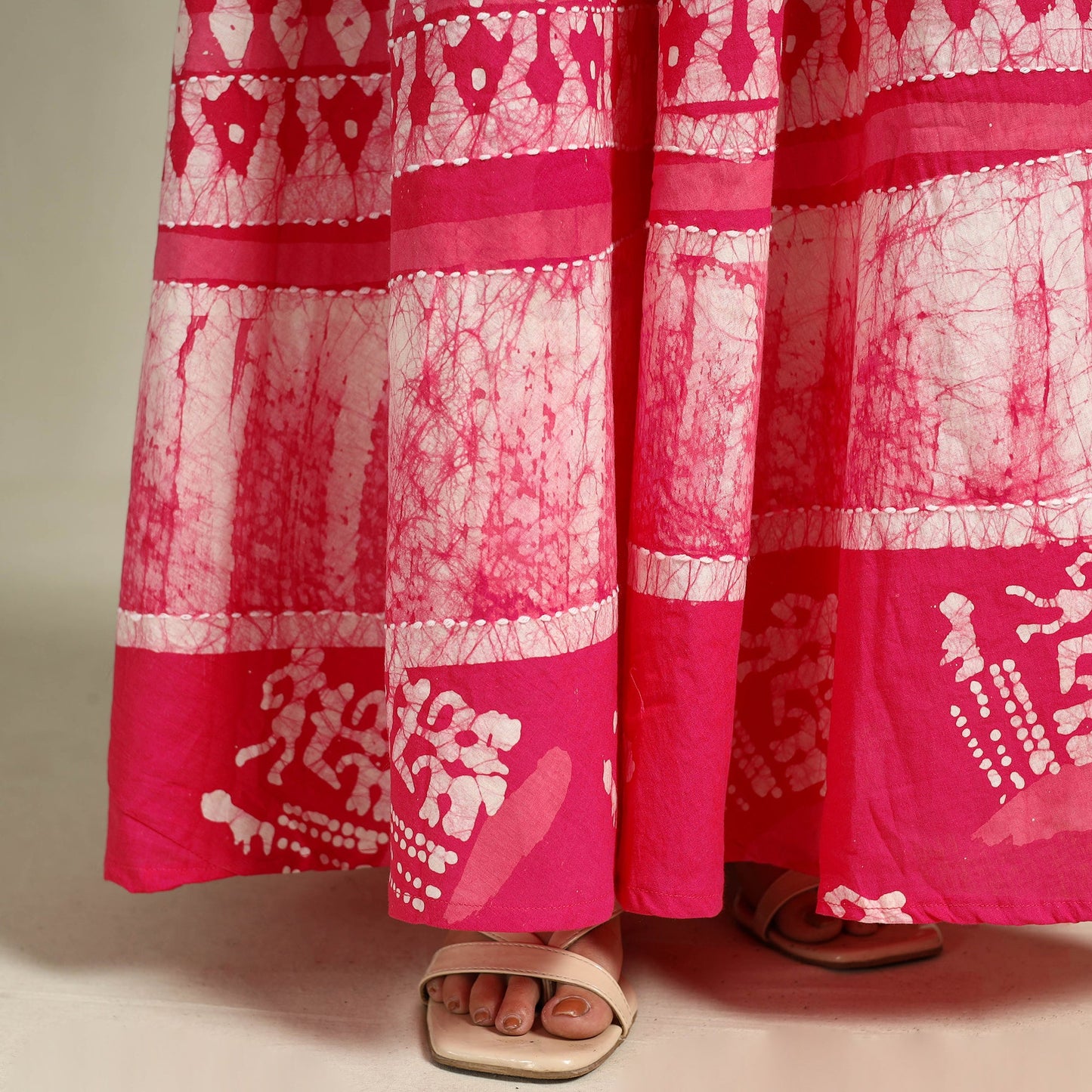 Pink Hand Batik Print Running Stitch Cotton Long Skirt