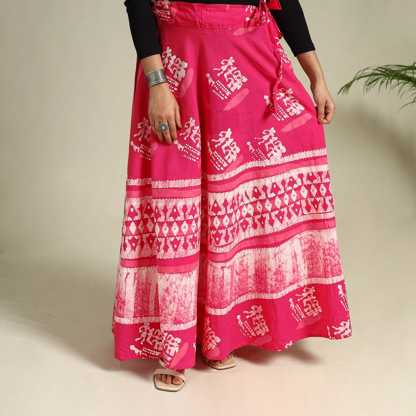 Pink Hand Batik Print Running Stitch Cotton Long Skirt