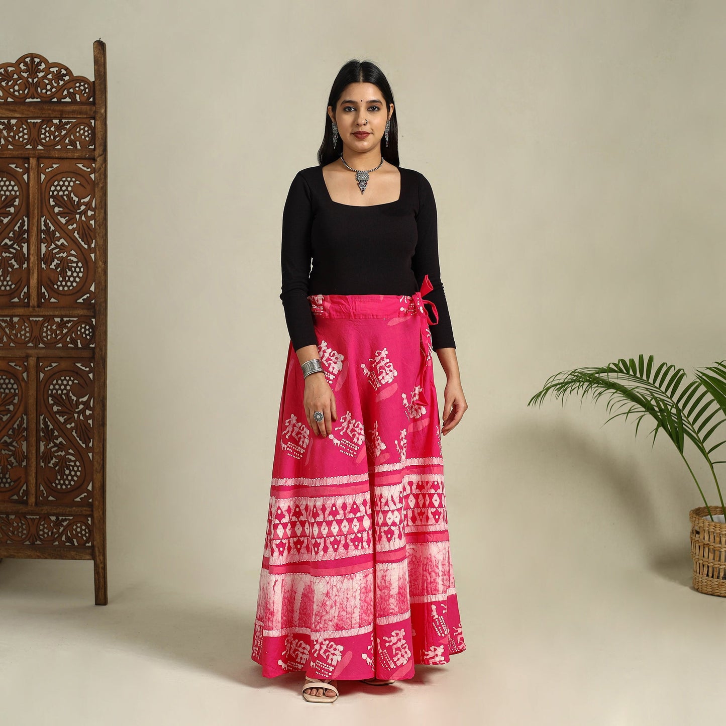 Pink Hand Batik Print Running Stitch Cotton Long Skirt