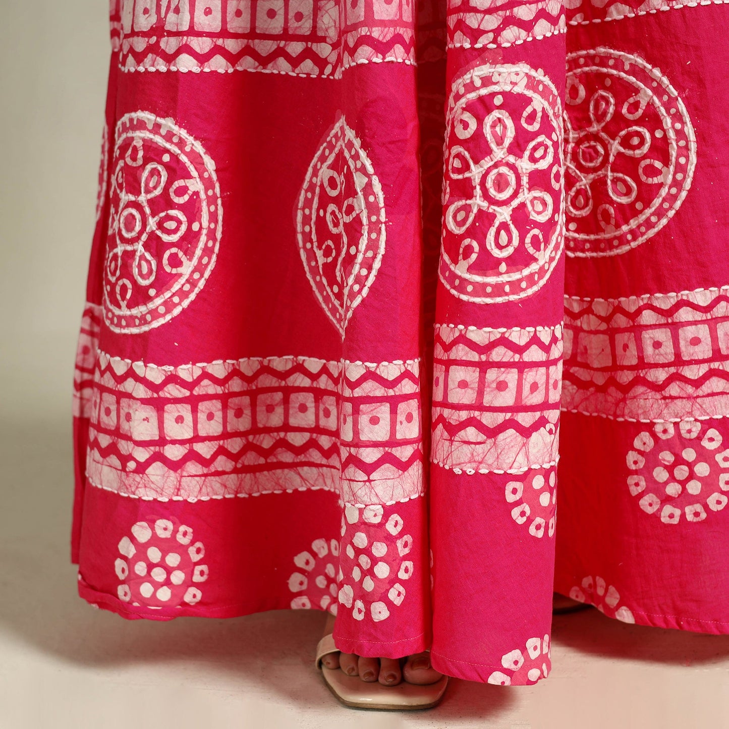 Pink Hand Batik Print Running Stitch Cotton Long Skirt