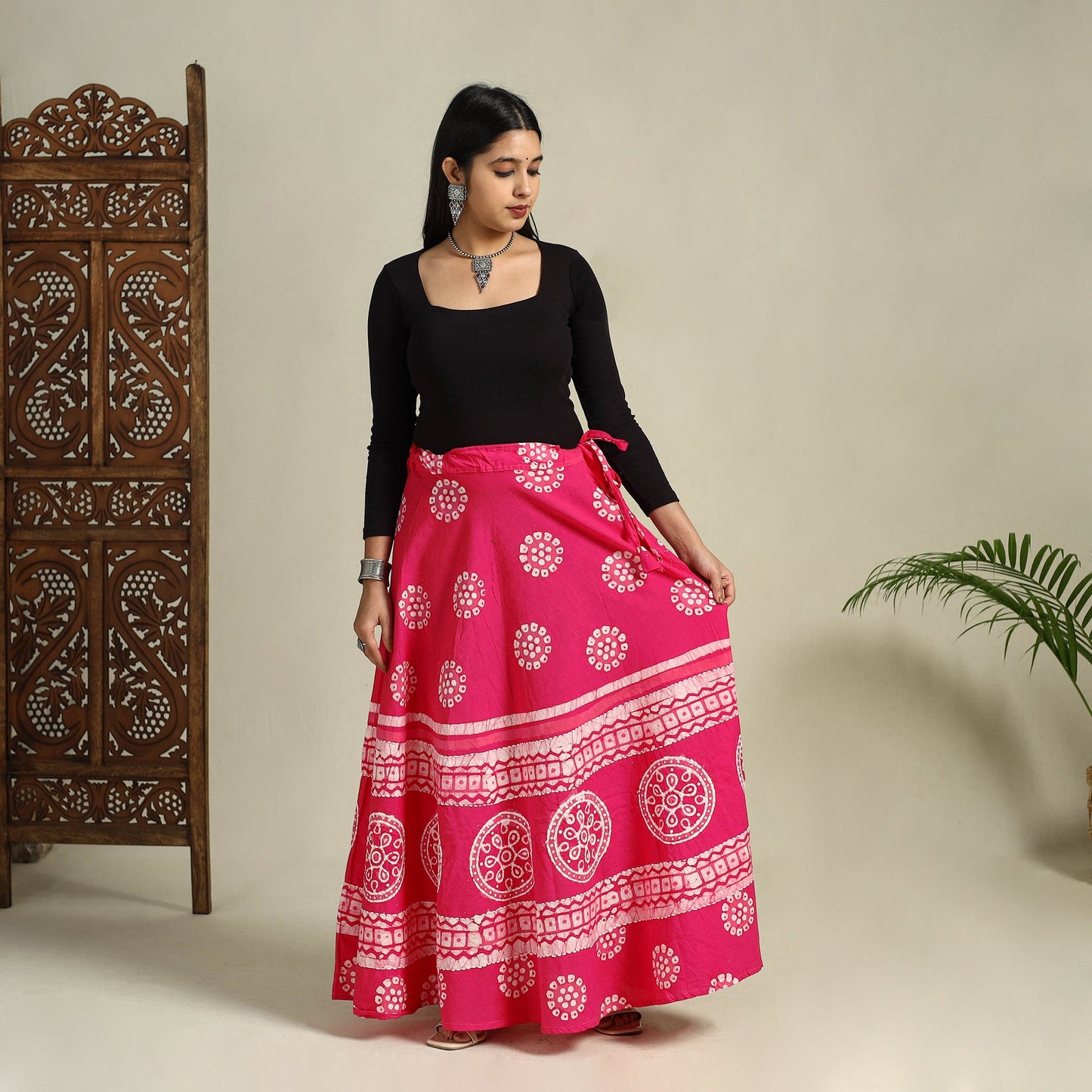 Pink Hand Batik Print Running Stitch Cotton Long Skirt