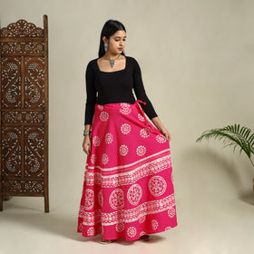 Pink Hand Batik Print Running Stitch Cotton Long Skirt