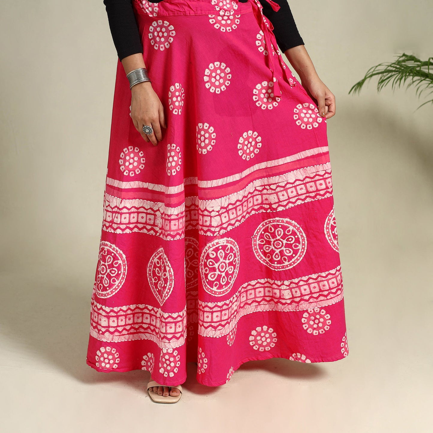 Pink Hand Batik Print Running Stitch Cotton Long Skirt