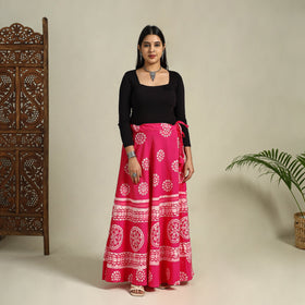 Pink Hand Batik Print Running Stitch Cotton Long Skirt