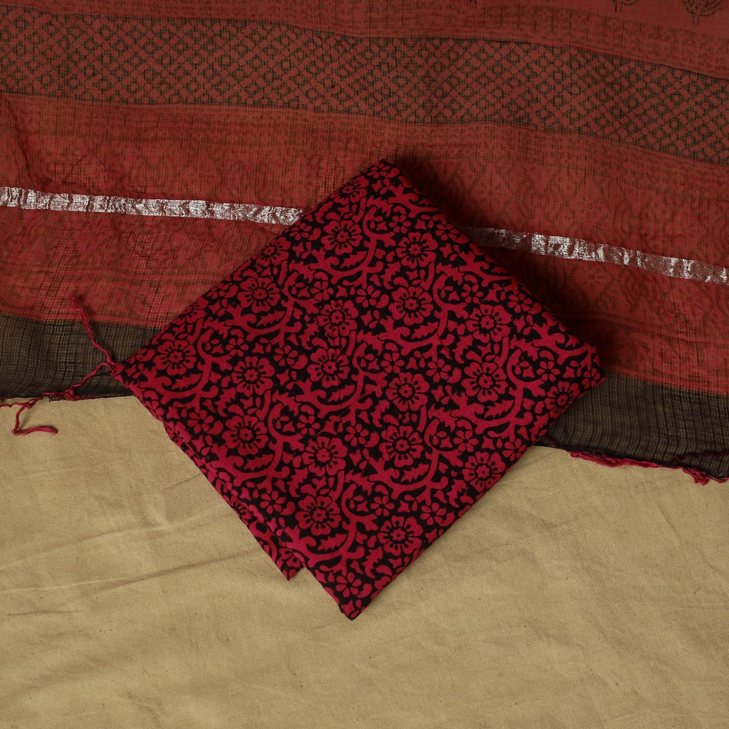 Hand block bagh print cotton 3pc unstitched dress material