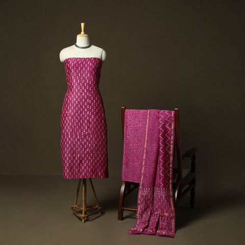 Hand block batik print chanderi silk 3pc unstitched dress