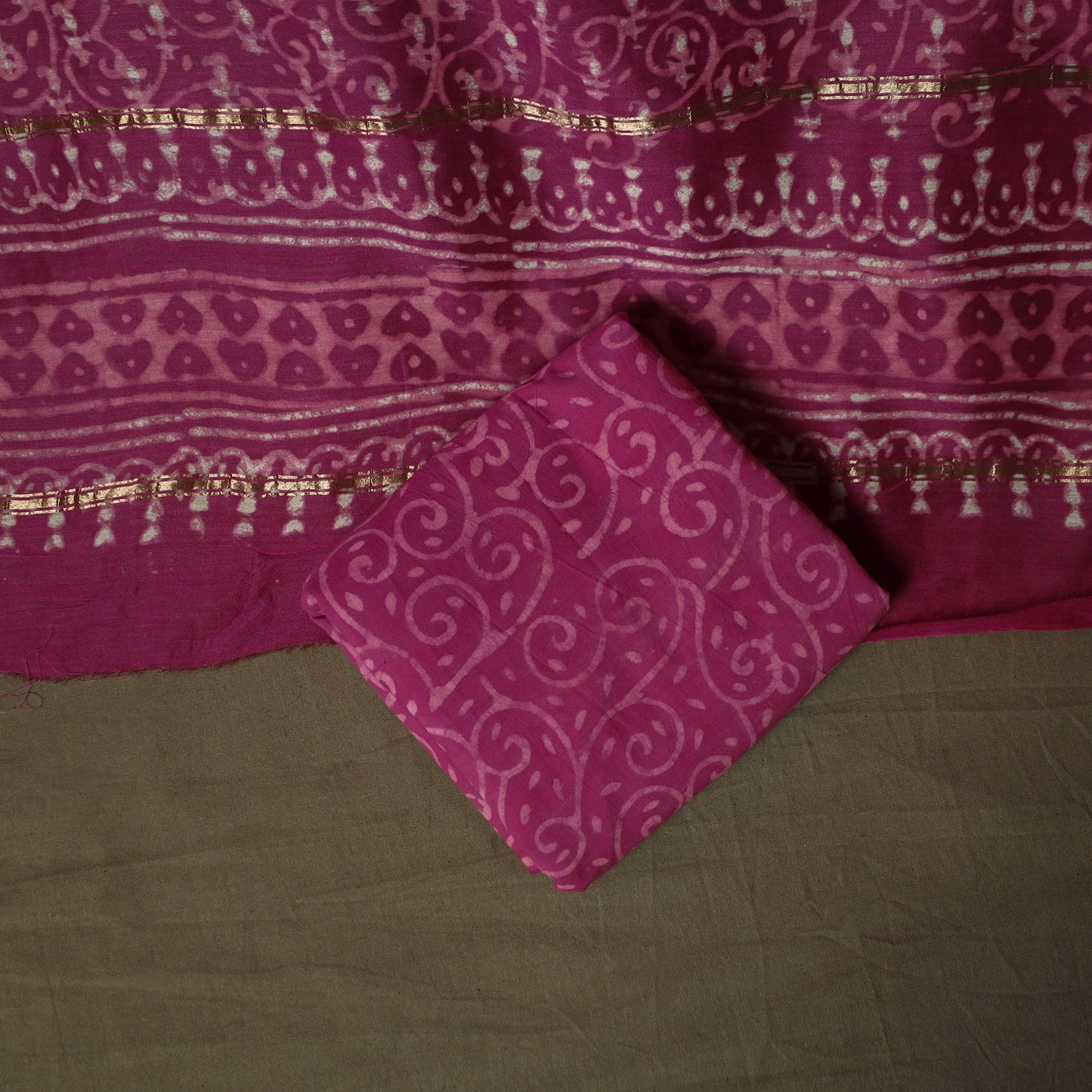 Hand block batik print chanderi silk 3pc unstitched dress