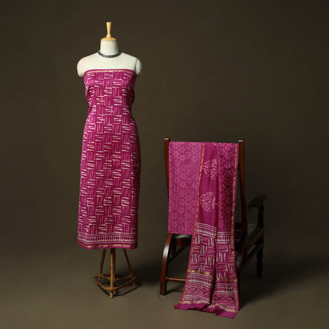 Hand block batik print chanderi silk 3pc unstitched dress