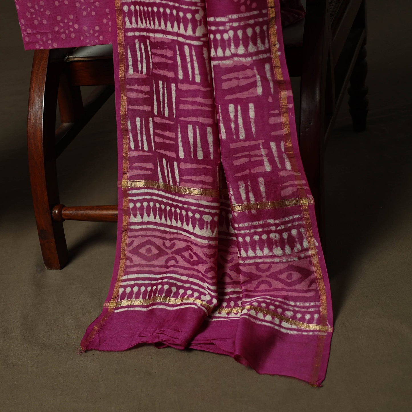 Hand block batik print chanderi silk 3pc unstitched dress