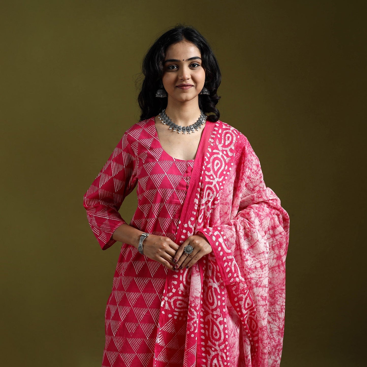 Hand block batik print cotton suit set with dupatta