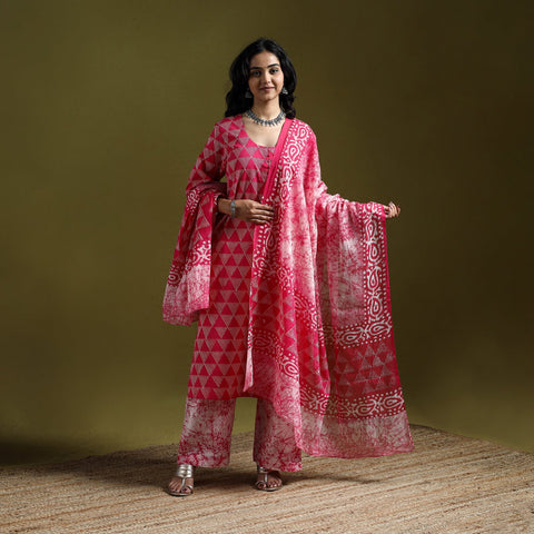 Hand block batik print cotton suit set with dupatta