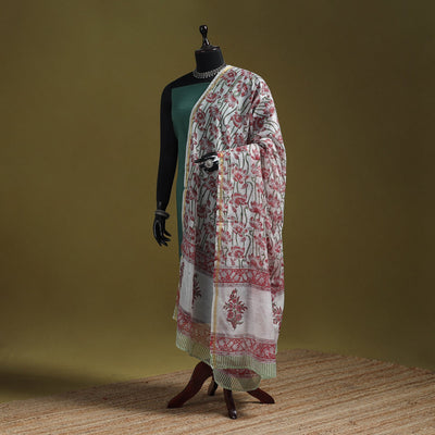 Hand chanderi silk sanganeri floral dupatta 37 - handcrafted
