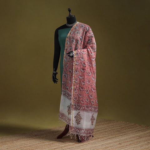 Hand chanderi silk sanganeri floral dupatta 55 - handcrafted