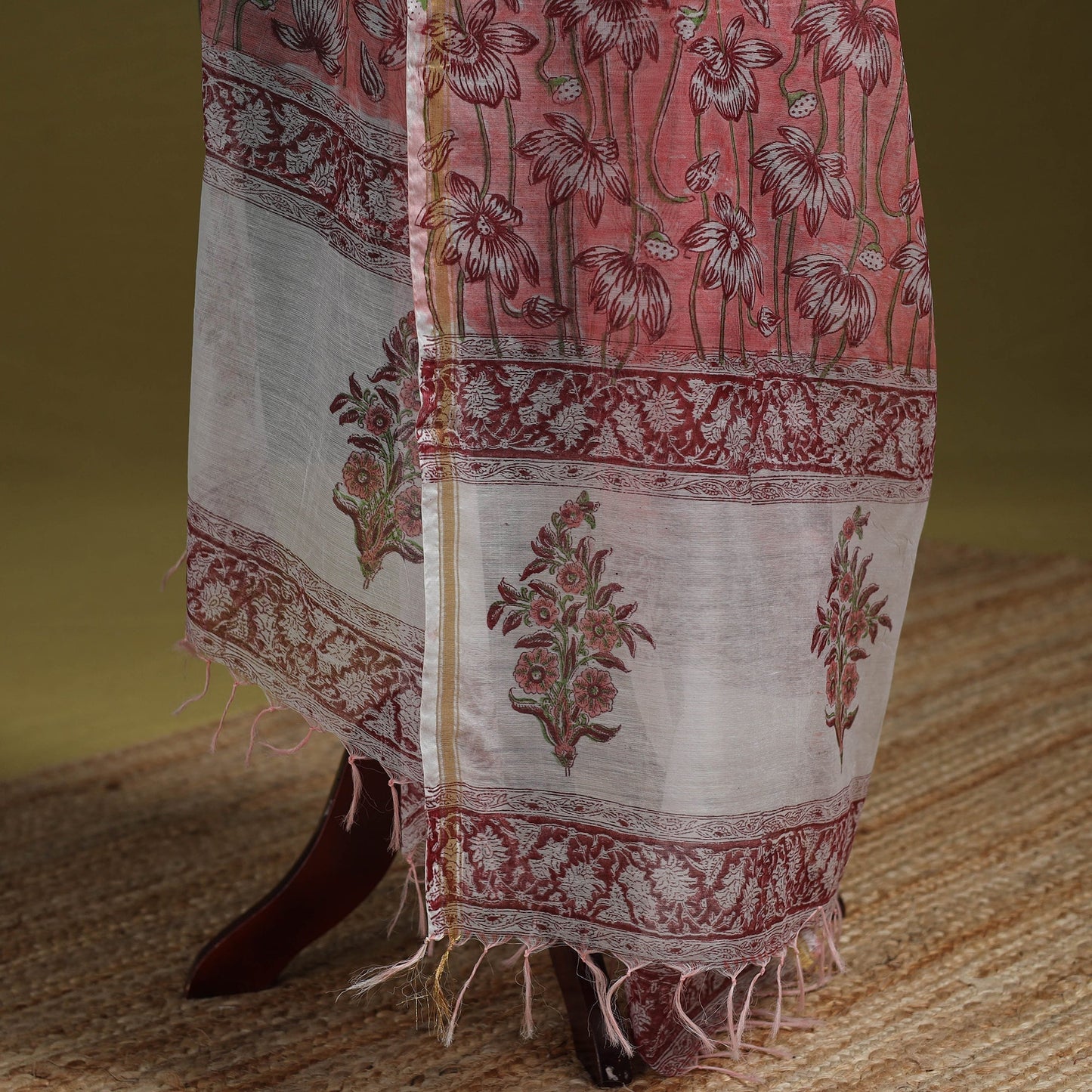 Hand chanderi silk sanganeri floral dupatta 55 - handcrafted