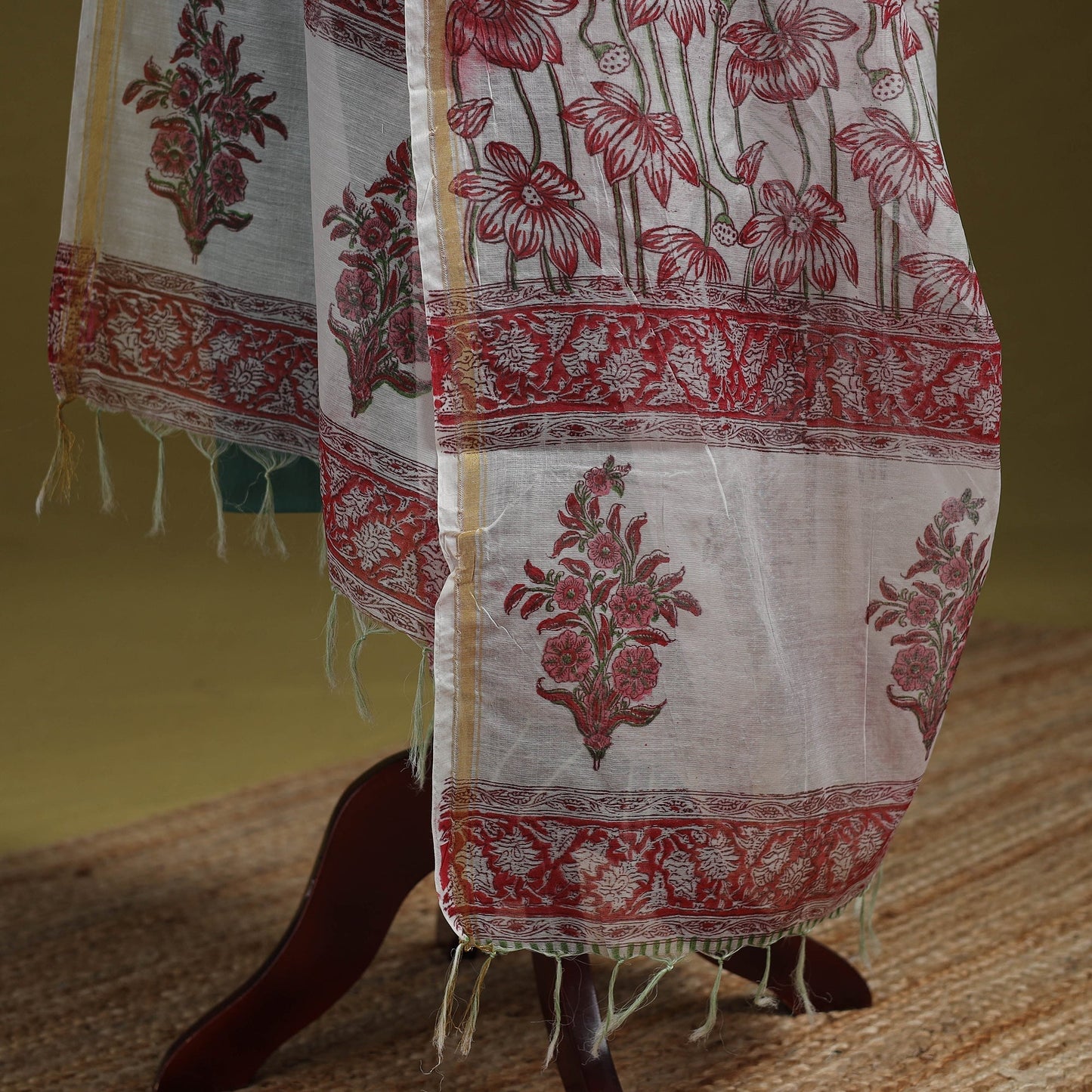 Hand chanderi silk sanganeri floral dupatta 57 - handcrafted