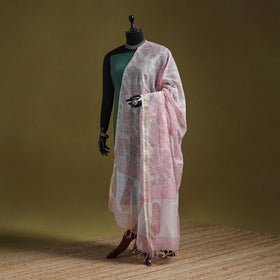 Hand chanderi silk sanganeri floral dupatta 58 - handcrafted