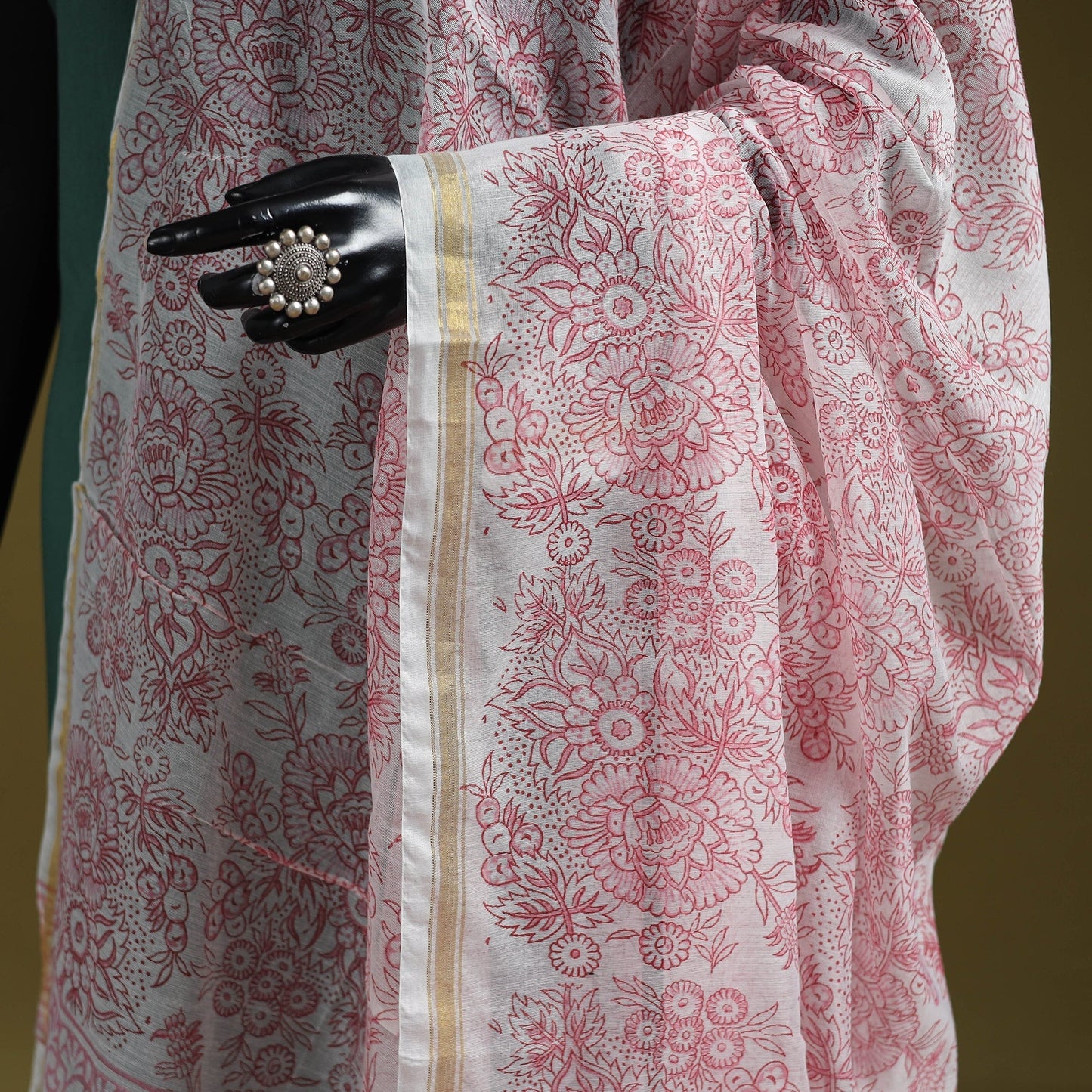Hand chanderi silk sanganeri floral dupatta 58 - handcrafted
