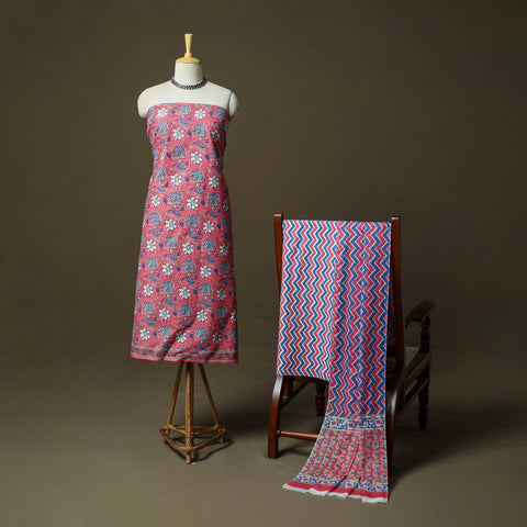 Hand block print cotton sanganeri 3pc unstitched dress