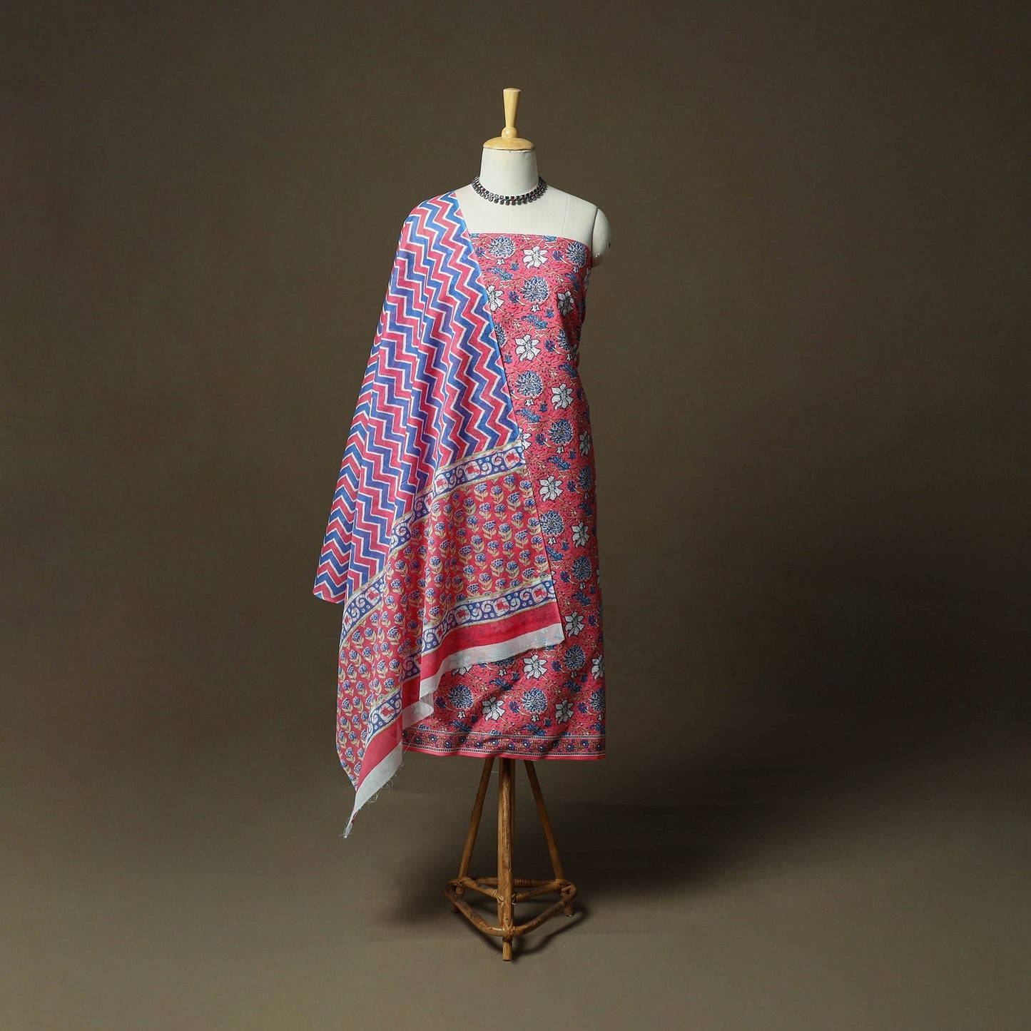 Hand block print cotton sanganeri 3pc unstitched dress