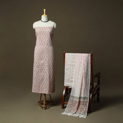 Hand block print cotton sanganeri 3pc unstitched dress