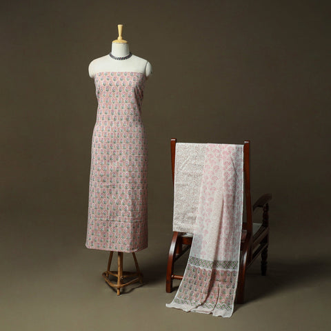 Hand block print cotton sanganeri 3pc unstitched dress