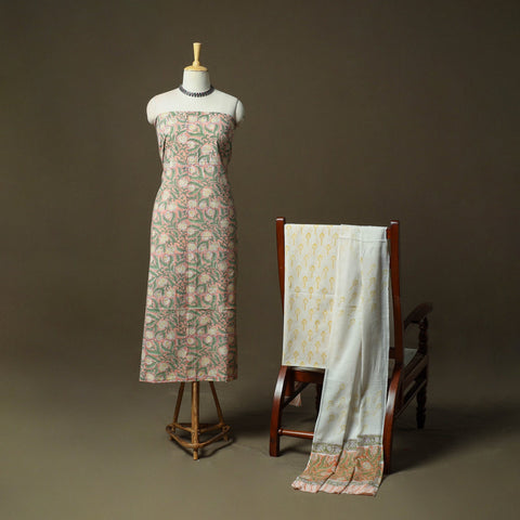 Hand block print cotton sanganeri 3pc unstitched dress