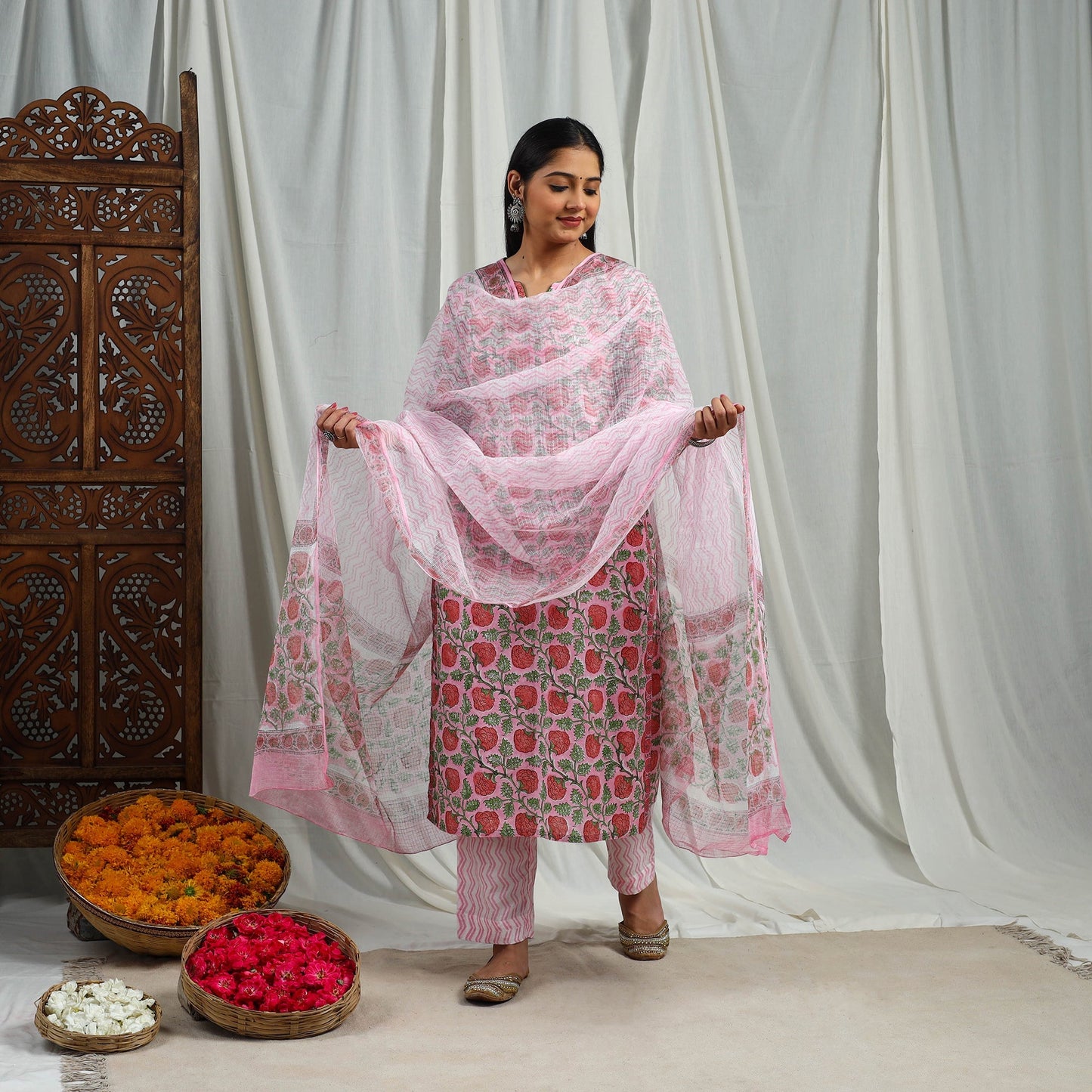 Pink Block Print Cotton Sanganeri Kurta Set