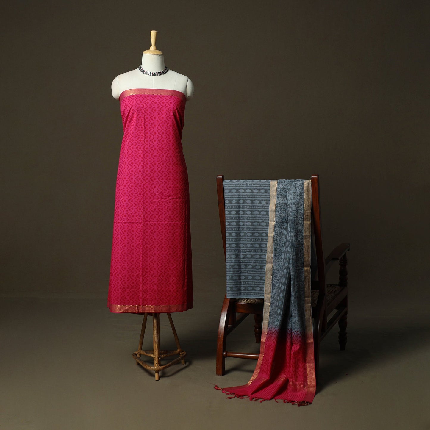 Hand block print mangalagiri cotton 3pc unstitched dress