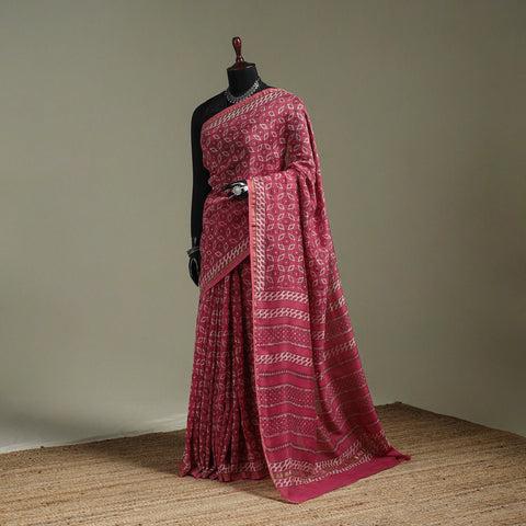Hand block print natural dyed chanderi silk akola saree 16