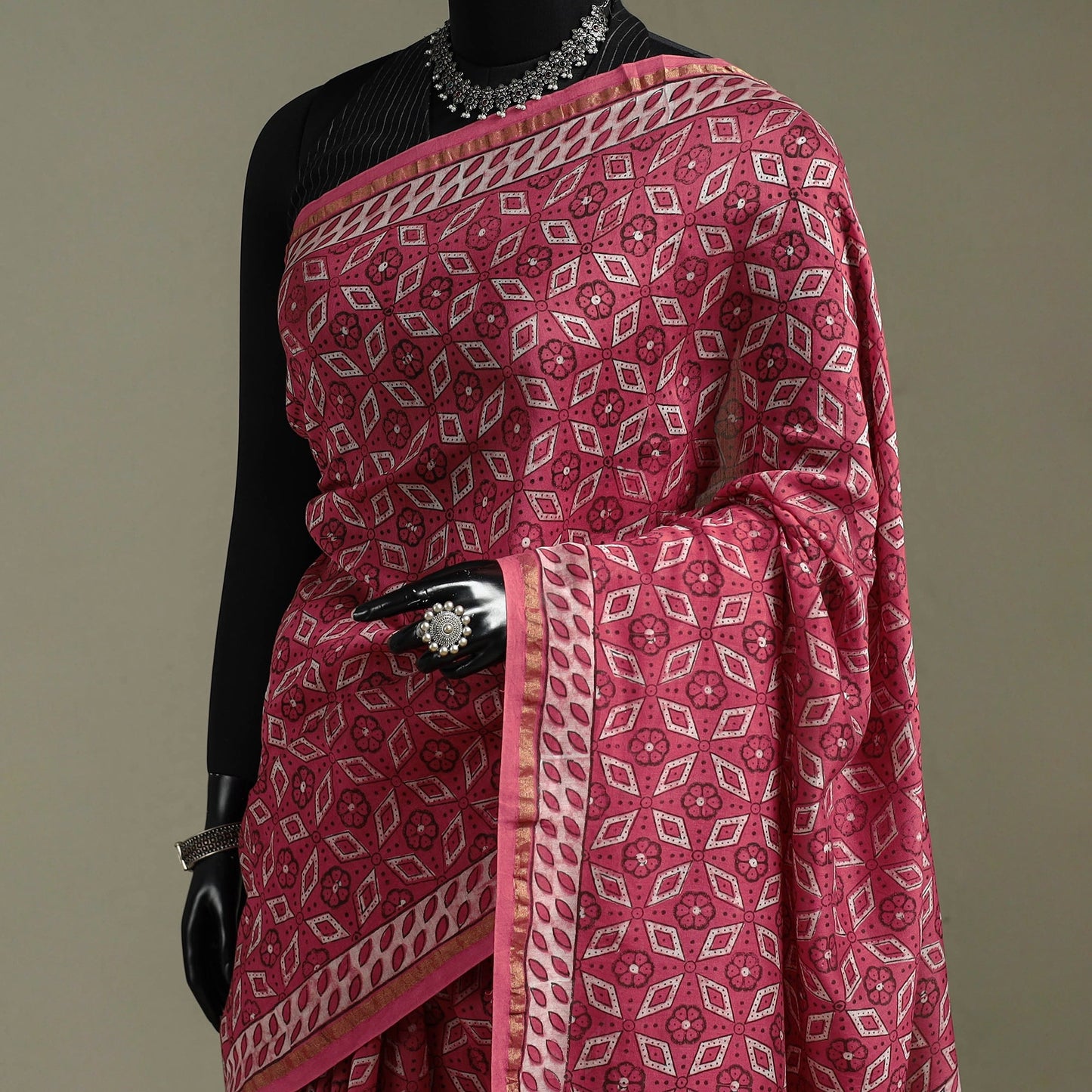 Hand block print natural dyed chanderi silk akola saree 16