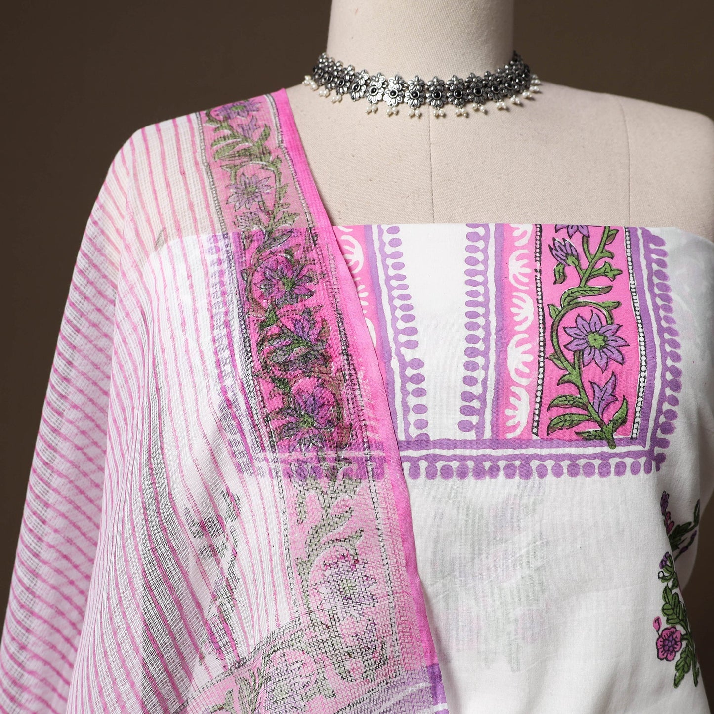 Hand block print sanganeri cotton 3pc unstitched dress