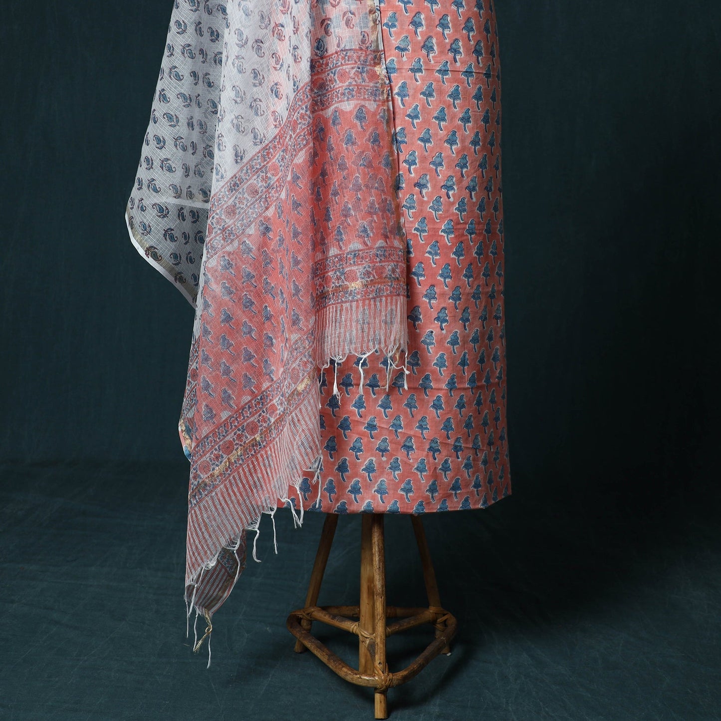 Hand block print sanganeri cotton 3pc unstitched dress