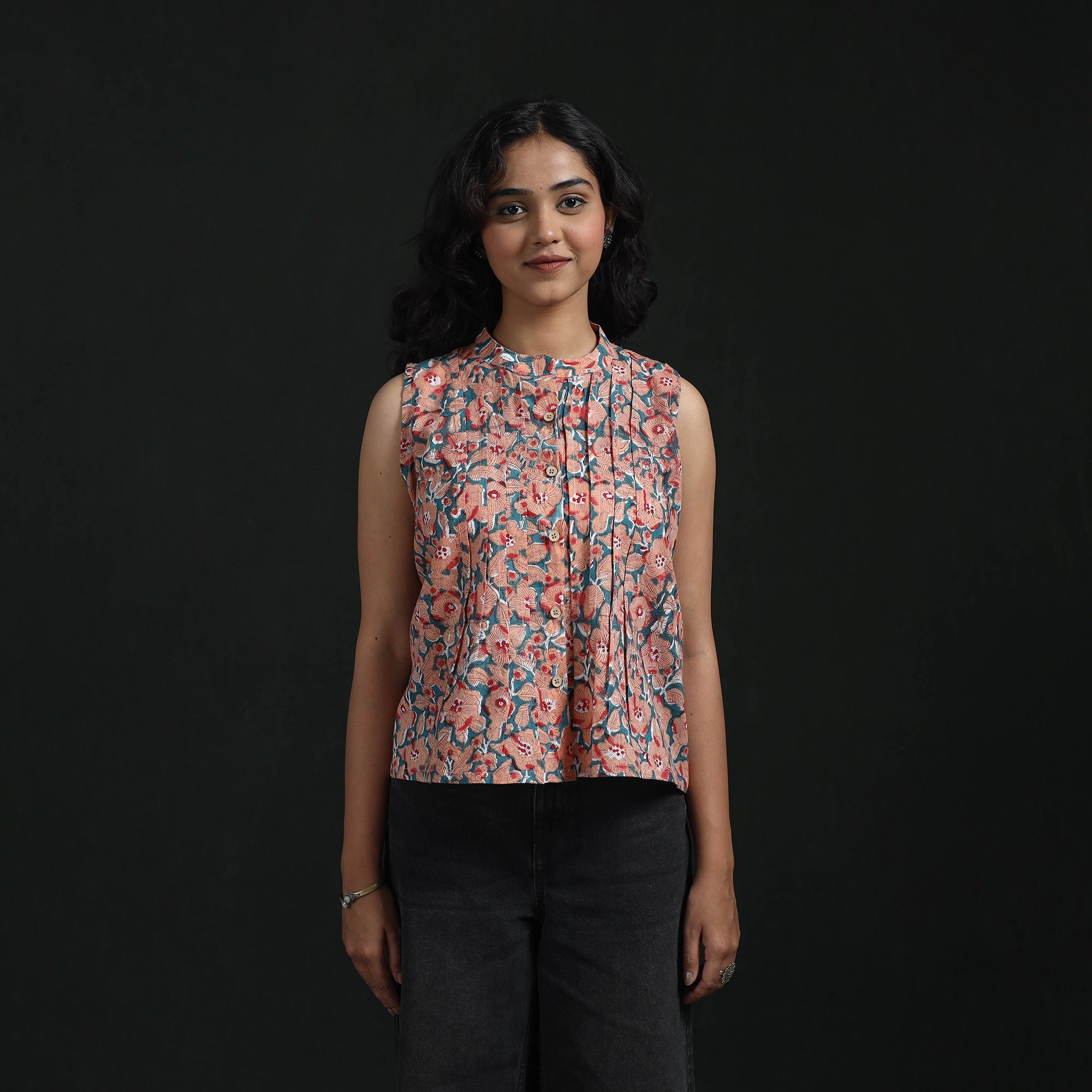 Basic Hand Top Pink Hand Block Sanganeri Print Cotton Floral Crop Top
