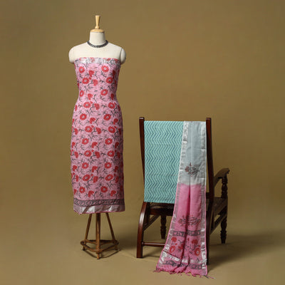 Hand sanganeri linen 3pc unstitched dress material 04