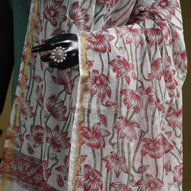 Hand chanderi silk sanganeri floral dupatta 57 - handcrafted