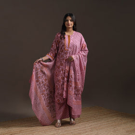 Hand embroidered cotton sanganeri suit set with dupatta