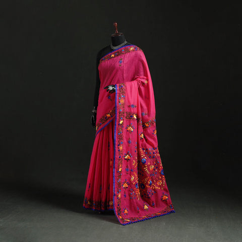 Hand embroidered chanderi silk chapa work phulkari saree 02