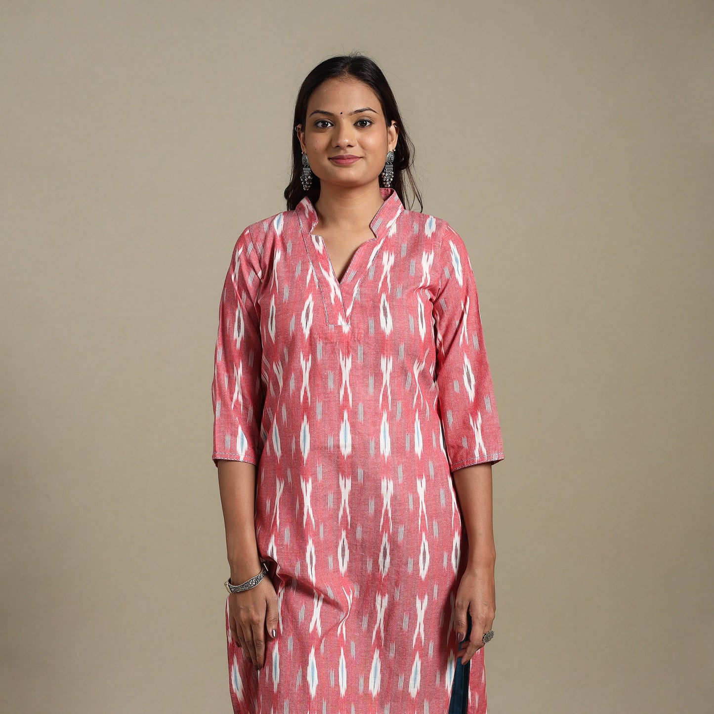 Pink - hand embroidered cotton straight pochampally ikat