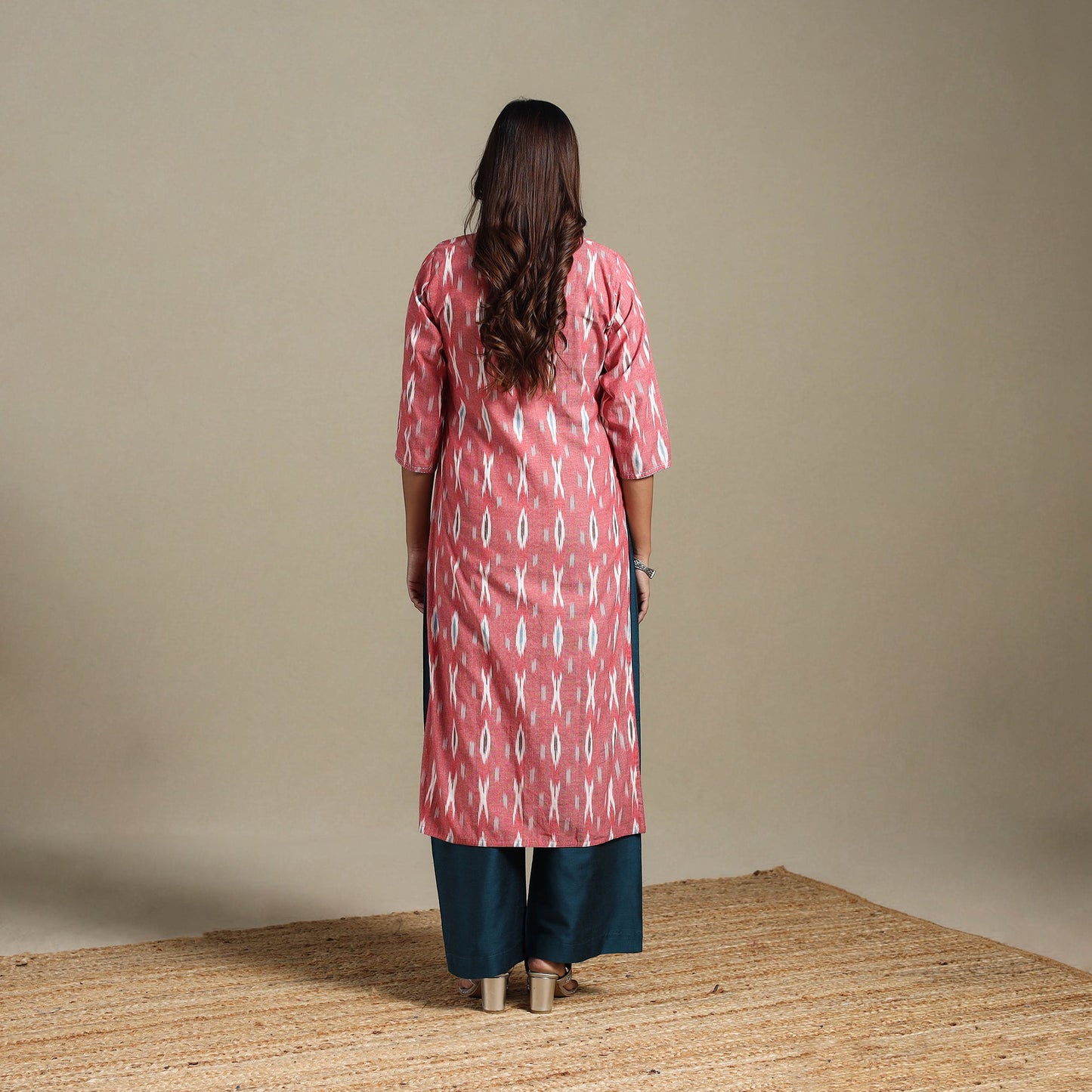 Pink - hand embroidered cotton straight pochampally ikat