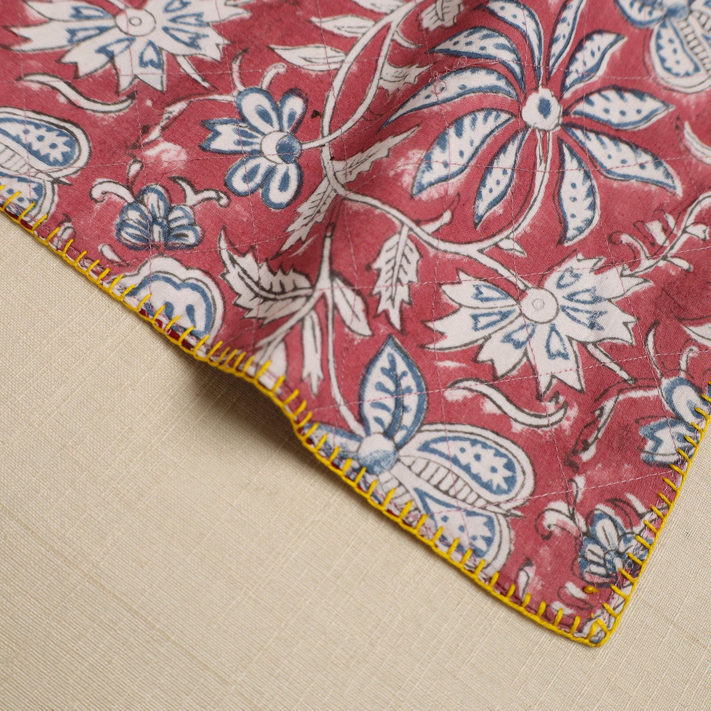  Pink Hand Embroidered Floral Cotton Reversible Table Mat