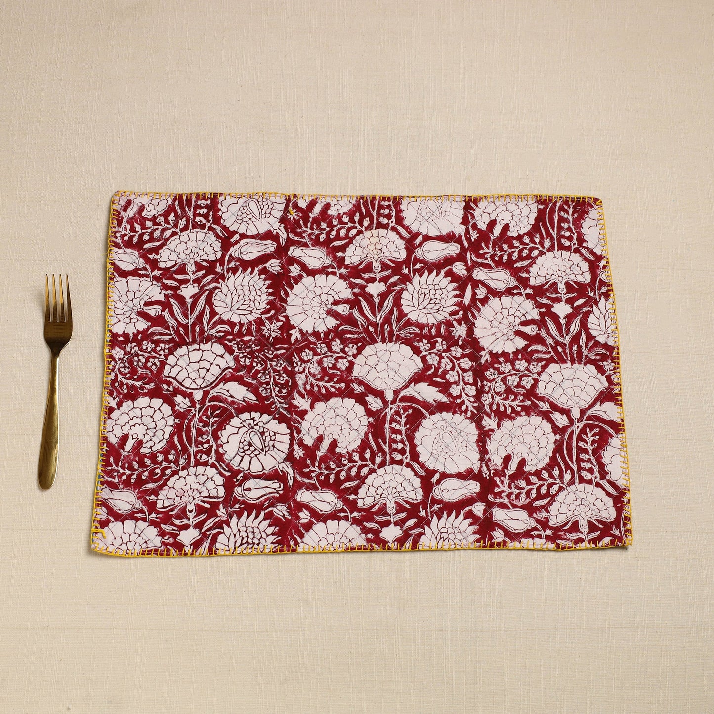  Pink Hand Embroidered Floral Cotton Reversible Table Mat