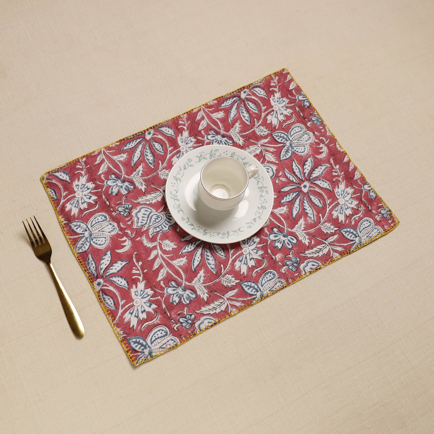  Pink Hand Embroidered Floral Cotton Reversible Table Mat