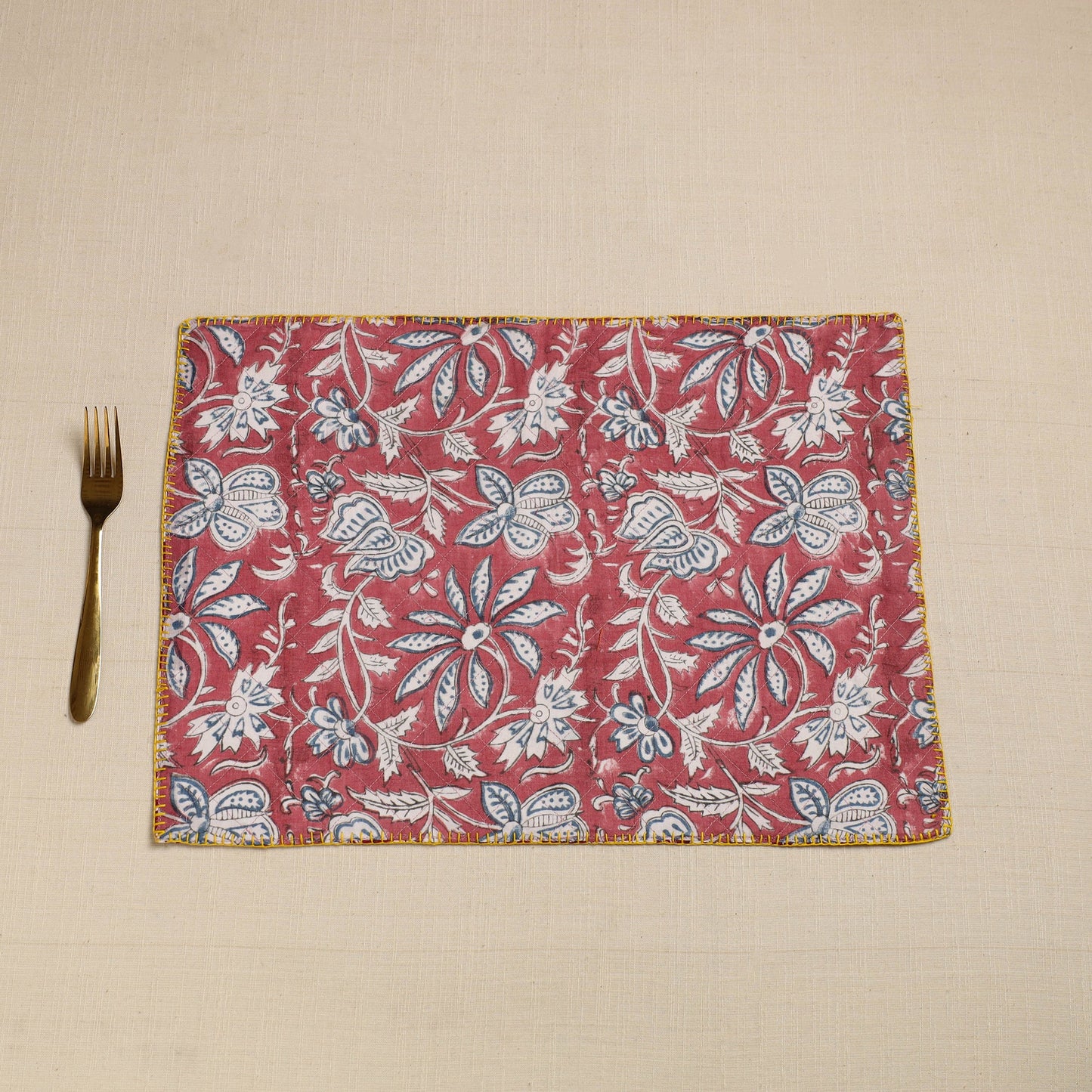  Pink Hand Embroidered Floral Cotton Reversible Table Mat
