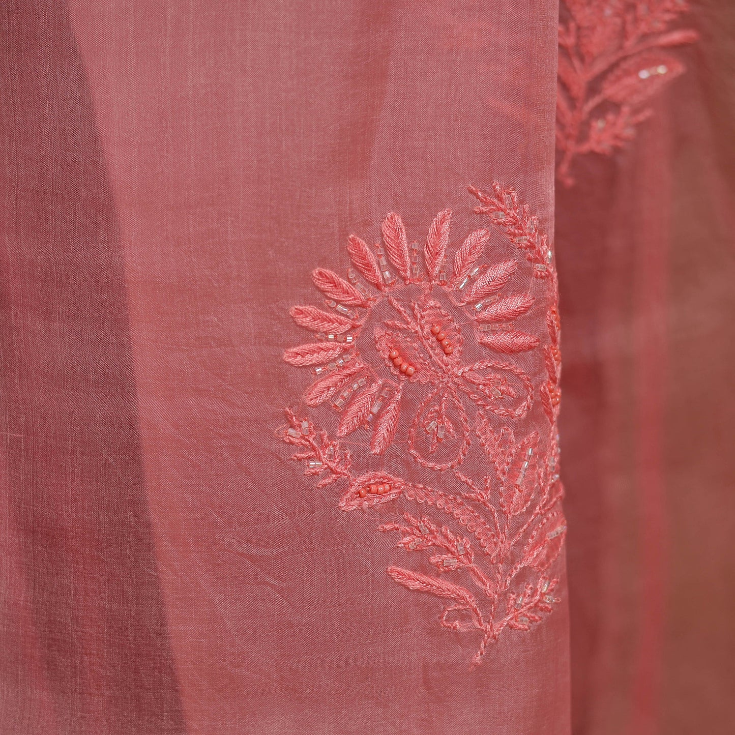 Pink - hand embroidered organza silk beadwork chikankari