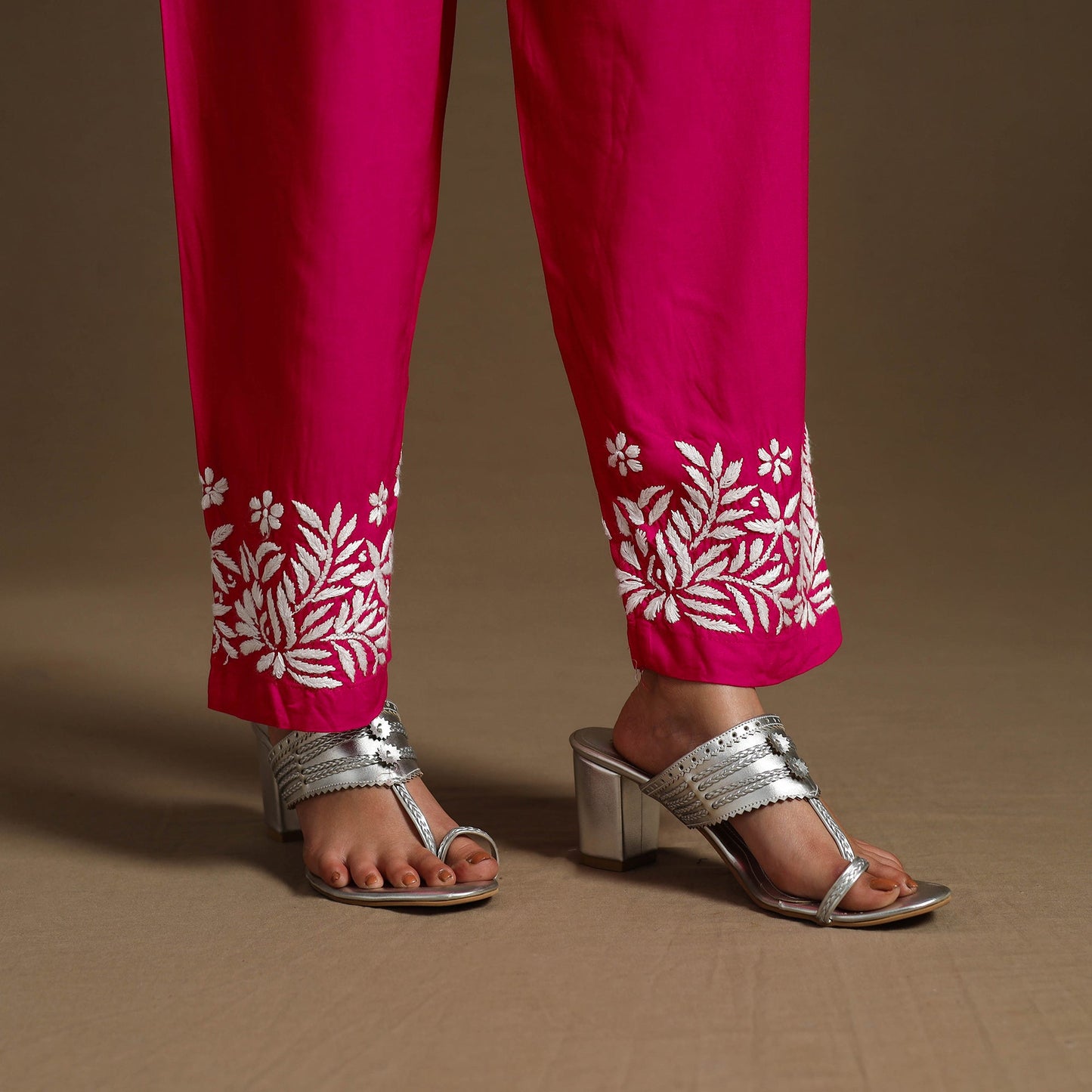 Pink Hand Embroidered Rayon Chikankari Kurta with Pant Set