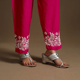 Pink Hand Embroidered Rayon Chikankari Kurta with Pant Set